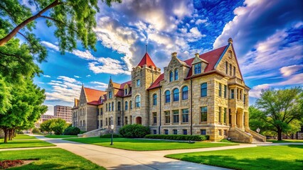 Naklejka premium Vintage photography captures Strong Hall, University of Kansas, on a radiant day.