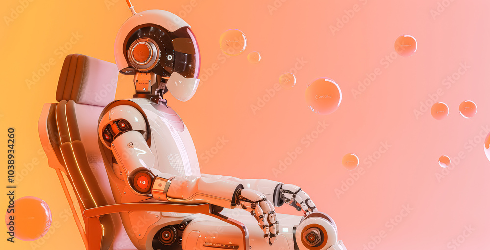 Poster robot is sitting in a chair with a helmet on. the robot is surrounded by many small, colorful sphere