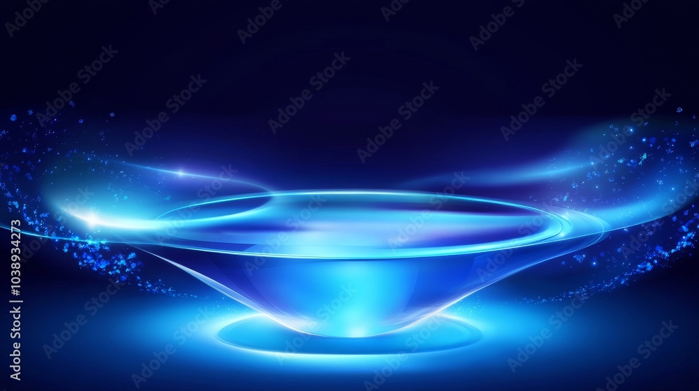 Poster a mesmerizing blue light effect in a circular shape, creating an ethereal glow against a dark backgr