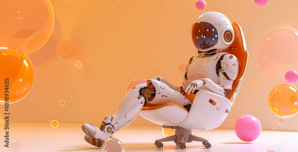Poster robot is sitting in a chair with a helmet on. the robot is surrounded by many small, colorful sphere