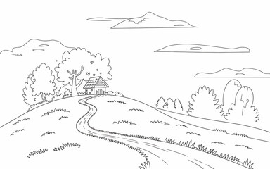 Fototapeta premium Home river hill outline design concept and coloring page design illustration concept 