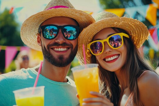 A smiling couple in sunglasses and summer hats enjoying refreshing drinks at an outdoor festival. This image captures the essence of summer, fun, and outdoor celebration.