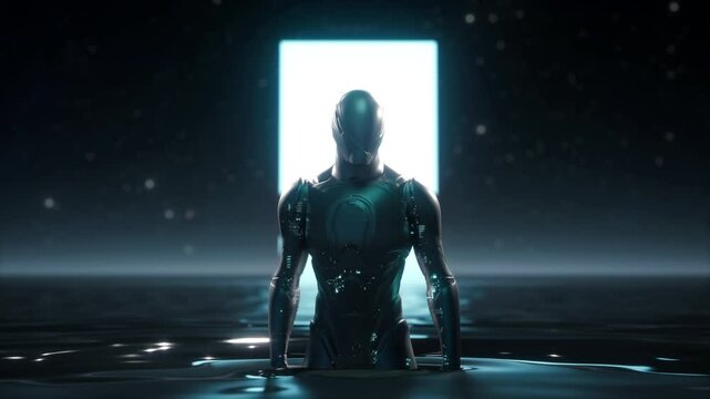 A Robot AI Embodiment Standing In A Pool Of Water In Front Of A Doorway Artificial Intelligence AGI Emergence