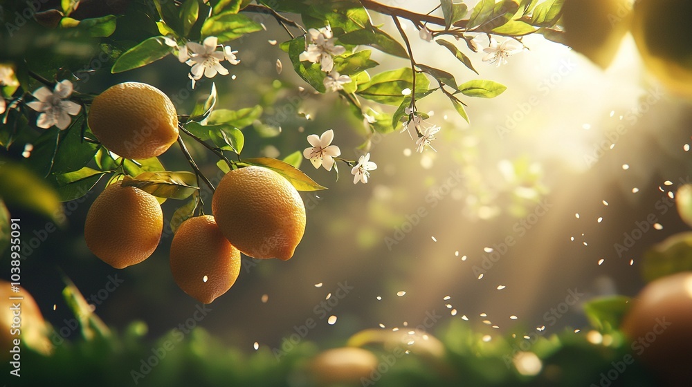 Poster a cluster of oranges dangling from a tree, surrounded by white blossoms as sunlight filters through 