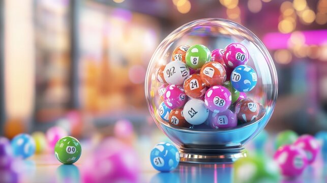 Process of prize drawings, extracting a winning numbers of lottery machine, raffle drum with a bingo balls and winning tickets on event with a host and hands on lottery machine 