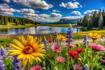 Fototapeta premium Yellowstone's wildflowers burst forth in a vibrant display, illuminating the landscape with their ethereal beauty.
