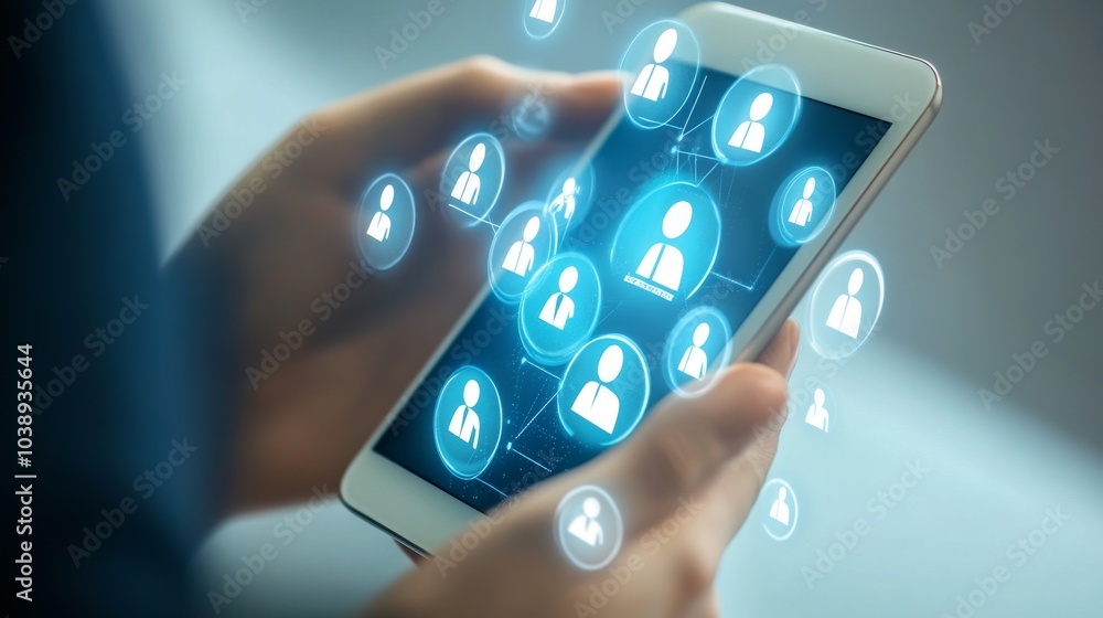 Poster a person using a smartphone with digital icons representing connections and communications in a mode