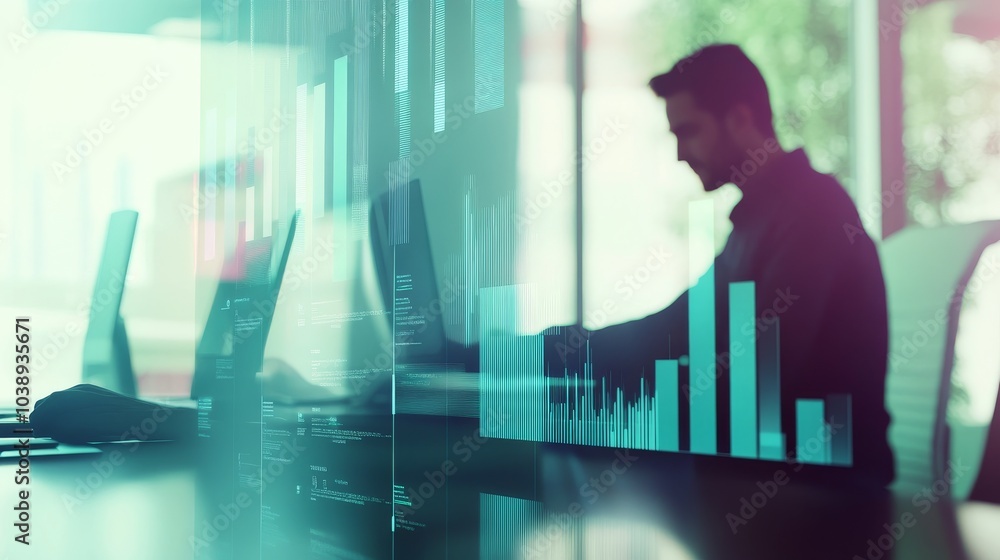 Poster a professional analyzing data on a laptop with graphical representations in a modern office setting.