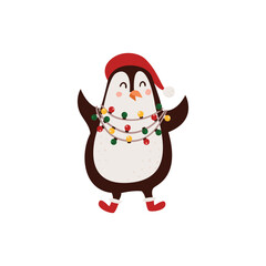 Festive penguin with Christmas lights illustration