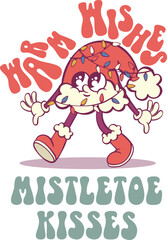 Santa hat retro groovy cartoon character mascot