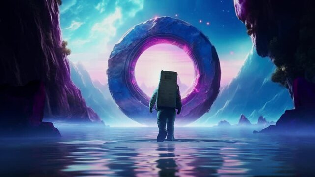 A Man Standing In A Lake With A Giant Portal In The Middle Of It Oasis Graphic Design Exploration