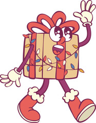 Christmas gift box retro groovy mascot characters
