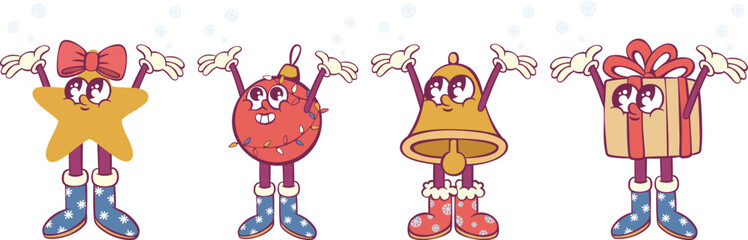 Christmas retro groovy mascot characters
