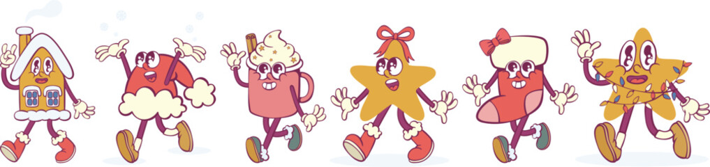 Christmas retro groovy mascot characters
