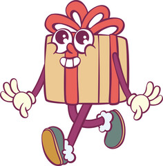 Christmas gift box retro groovy mascot characters