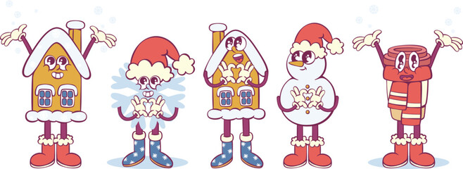 Christmas retro groovy mascot characters