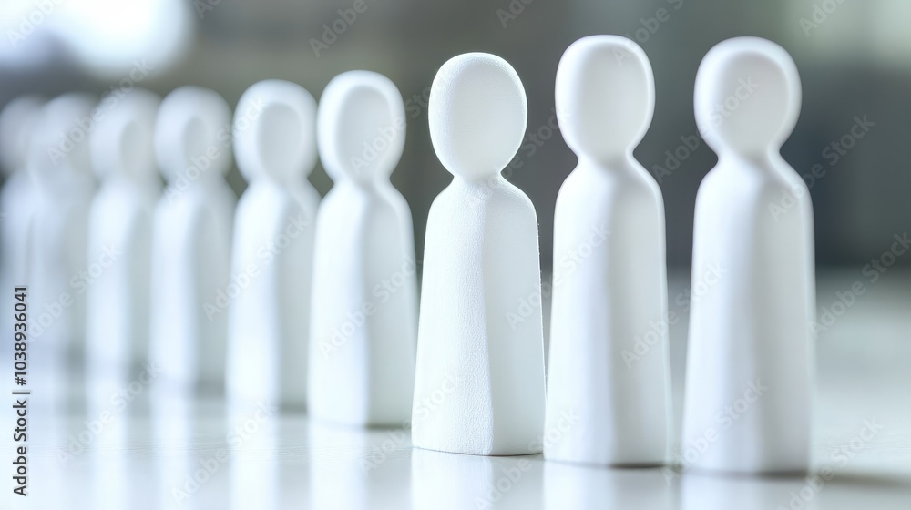 Poster a row of white figurines representing various professions and community roles, showcasing diversity 