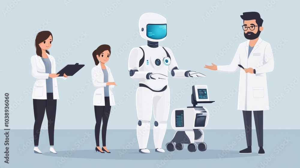 Poster a scene featuring a robot interacting with scientists, showcasing the fusion of technology and resea
