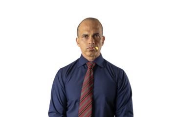 48 year old Brazilian man, facing the camera and with a lit match in his mouth_formal clothing_1.