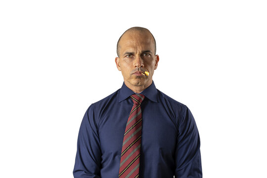 48 year old Brazilian man, facing the camera and with a lit match in his mouth_formal clothing_1.