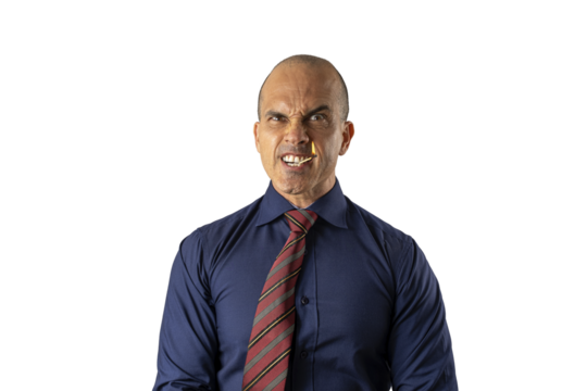 48 year old Brazilian man, facing the camera and with a lit match in his mouth_formal clothing_5.