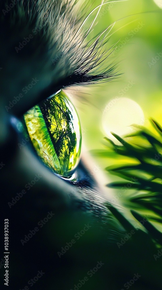 Poster a close-up of a cat's eye with the reflection of a tree in its reflection