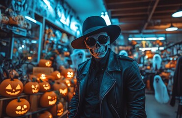 Obraz premium Man in Black Leather Jacket and Fedora Hat in Halloween Store