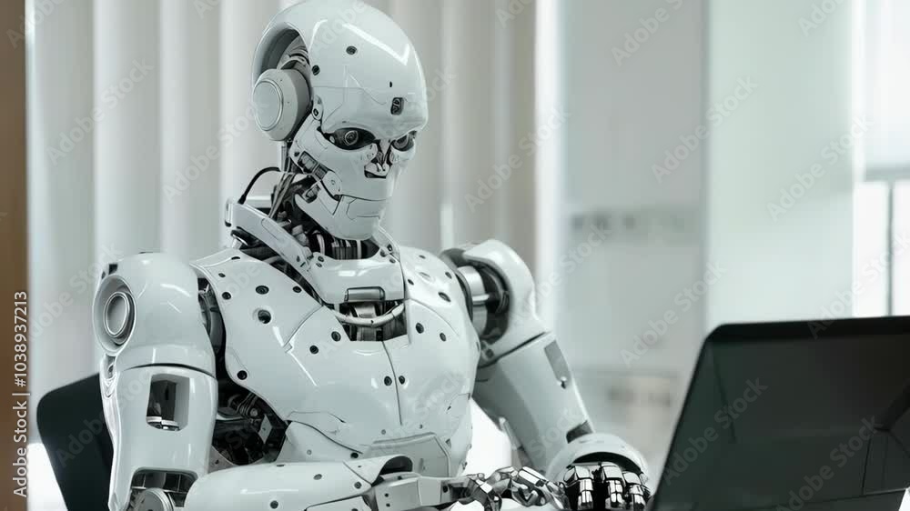 Aufkleber humanoid ai robot working on laptop in bright modern office. future robotic and cybernetic concept. 