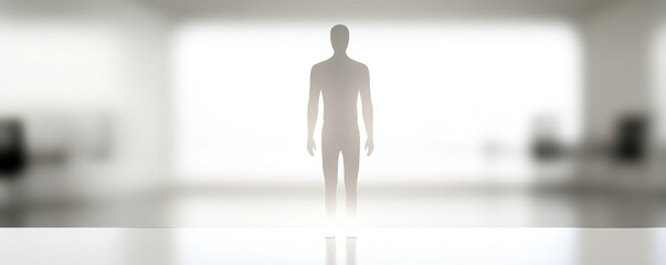 A silhouette of a person in a bright, minimalistic environment, symbolizing introspection and potential.