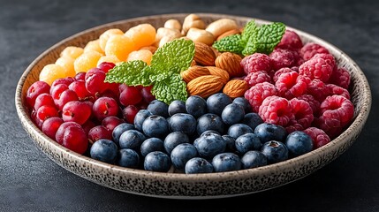 A black plate with a variety of fruits and nuts, full of blueberries, raspberries, almonds, and mango. Mixed fruits and nuts, brain-stimulating snack, healthy, natural energy boost, solid background.