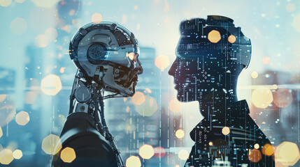 Man and a robot are standing next to each other. The man is wearing a black jacket and the robot is made of metal. The scene is set in a park with trees in the background