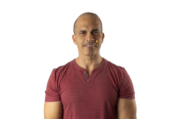 48 year old Brazilian man, facing the camera and with a lit match in his mouth_6.