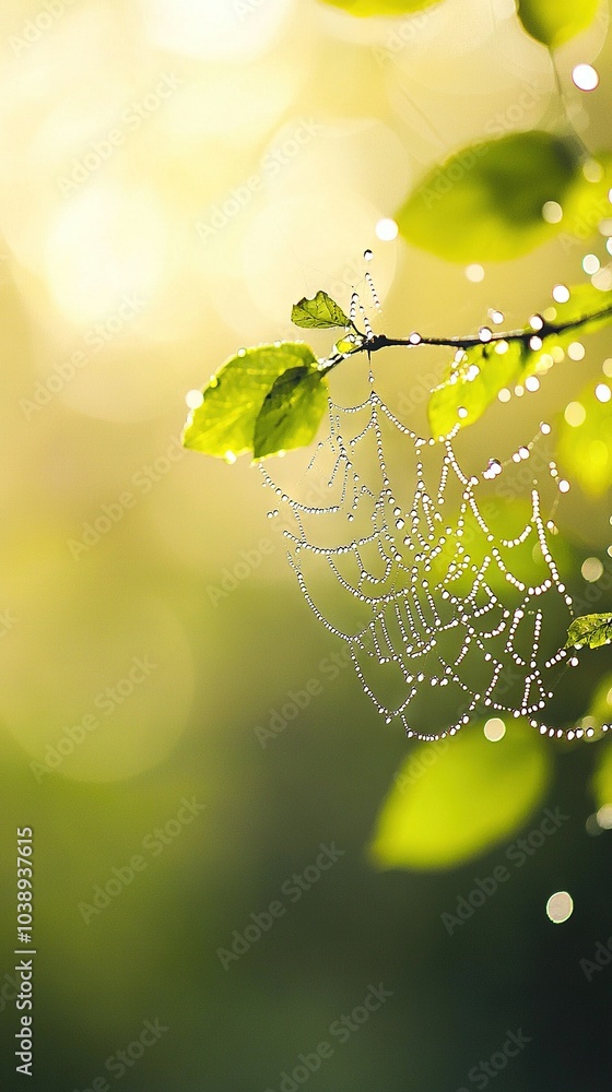Poster spider web with water droplets on a tree branch