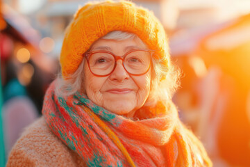 Elderly woman enjoying Christmas shopping at a festive market in winter