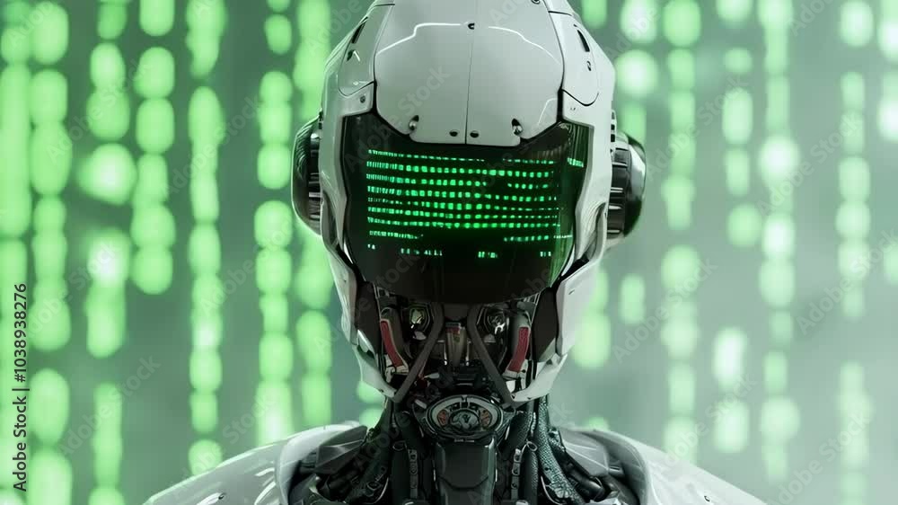 Poster ai humanoid robot with digital code background. future robotic and cybernetic concept. futuristic ar