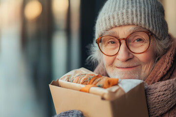 Elderly woman happily carrying Christmas gifts while shopping in the city