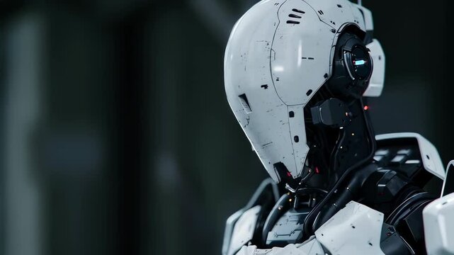 Advanced sci-fi robot on dark background. Future robotic and cybernetic concept. Futuristic artificial intelligence technology and robotization.
