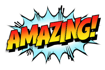 Sound effect bubble with exclamation ‘Amazing!’ in retro halftone comic book style 