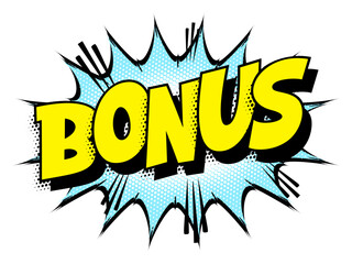 Sound effect bubble with word ‘Bonus’ in retro halftone comic book style 