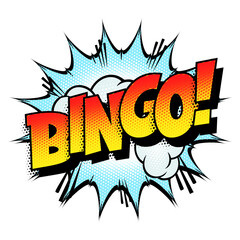 Sound effect bubble with exclamation ‘Bingo!’ in retro halftone comic book style 