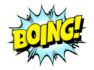 Sound effect bubble with onomatopoeia ‘Boing!’ in retro halftone comic book style 