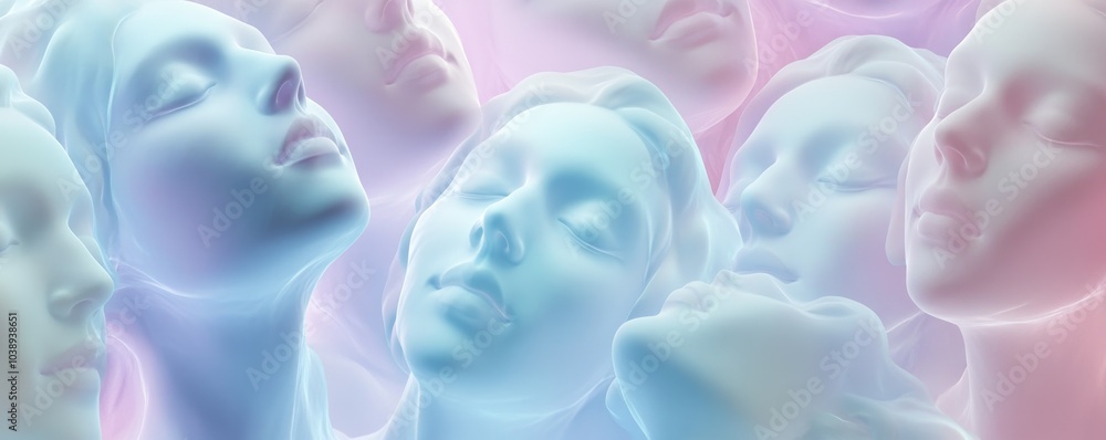 Poster a surreal composition of ethereal faces blending in soft hues, evoking emotions of tranquility and i