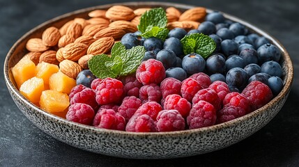 A black plate with a variety of fruits and nuts, full of blueberries, raspberries, almonds, and mango. Mixed fruits and nuts, brain-stimulating snack, healthy, natural energy boost, solid background.
