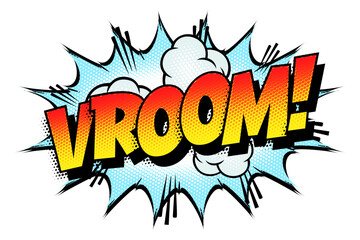 Sound effect bubble with onomatopoeia ‘Vroom!’ in retro halftone comic book style 