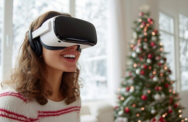 Fototapeta premium Young woman with VR headset in holiday setting