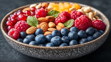 A black plate with a variety of fruits and nuts, full of blueberries, raspberries, almonds, and mango. Mixed fruits and nuts, brain-stimulating snack, healthy, natural energy boost, solid background.