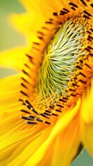   A zoomed-in photo of a sunflower with a blue backdrop and a verdant landscape in the foreground