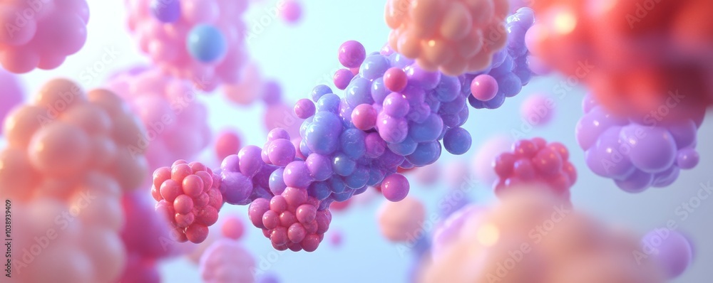 Poster a vibrant abstract representation of molecular structures with colorful particles floating against a