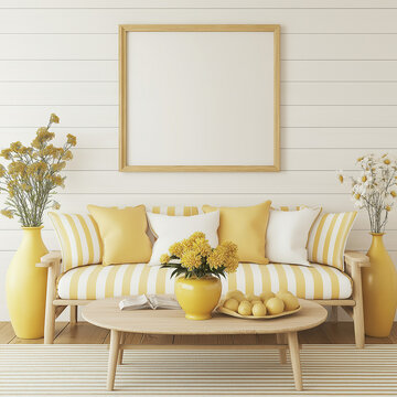 A white frame on the wall, a yellow and white sofa, wooden coffee table. AI generation