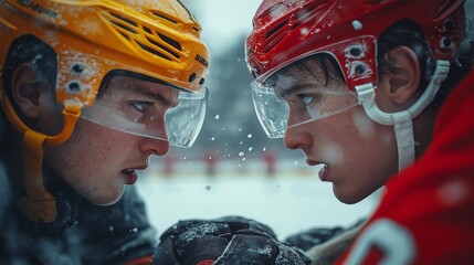 Intense close-up of two young ice hockey players in a face-off. Opponents stare each other down on an outdoor winter rink. Youth sports competition and rivalry concept